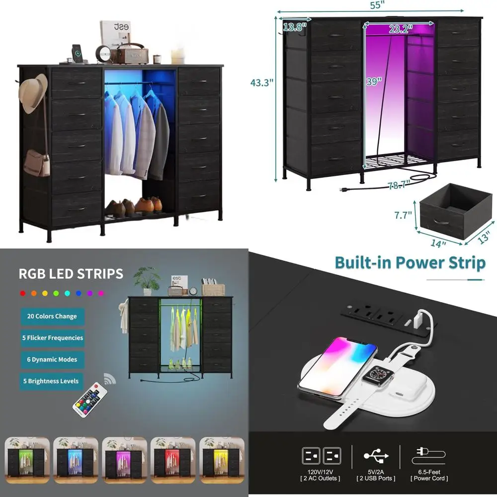 55 Dual-Purpose Dryer with Hanging Rack, 10 Drawers Storage or Bedroom, Fabric Drawers, LED Lights, Charging Station