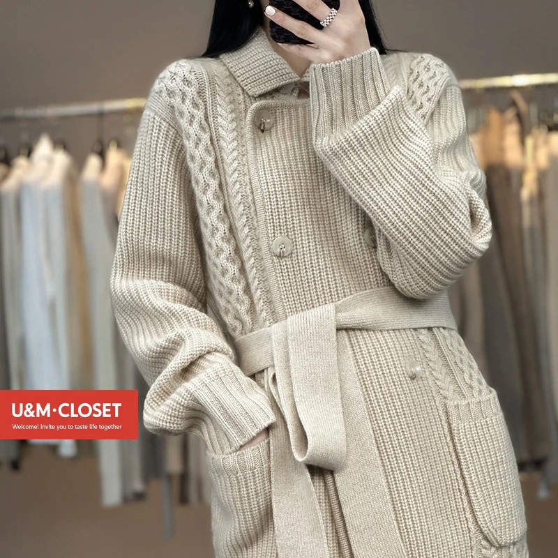 

Осень-зима, новый темпераментный кардиган, свитер, куртка, женская средней длины, двубортный однотонный вязаный кардиган с лацканами, пальто, женские топы