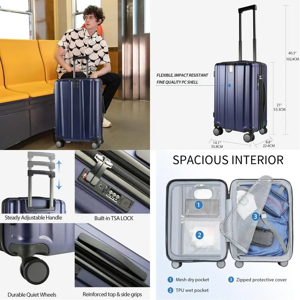 

Expandable 20 Navy Blue Hardside Spinner Luggage with USB Port & TSA Lock