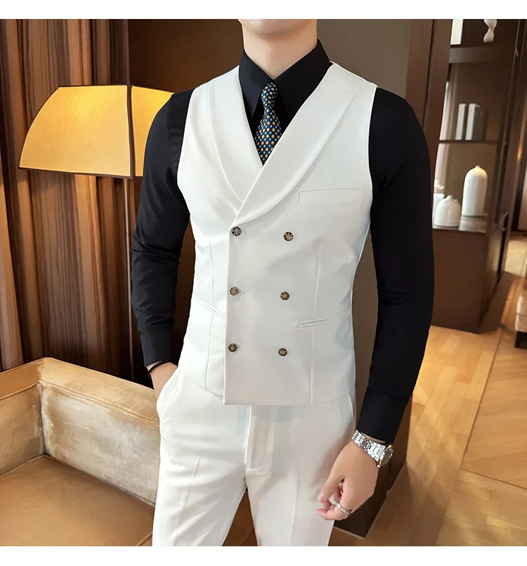 High Quality Double-Breasted Solid Mens Vest Coat Korean Style Business Slim Fit Male Waistcoat Groom Wedding Dress Suit Vests