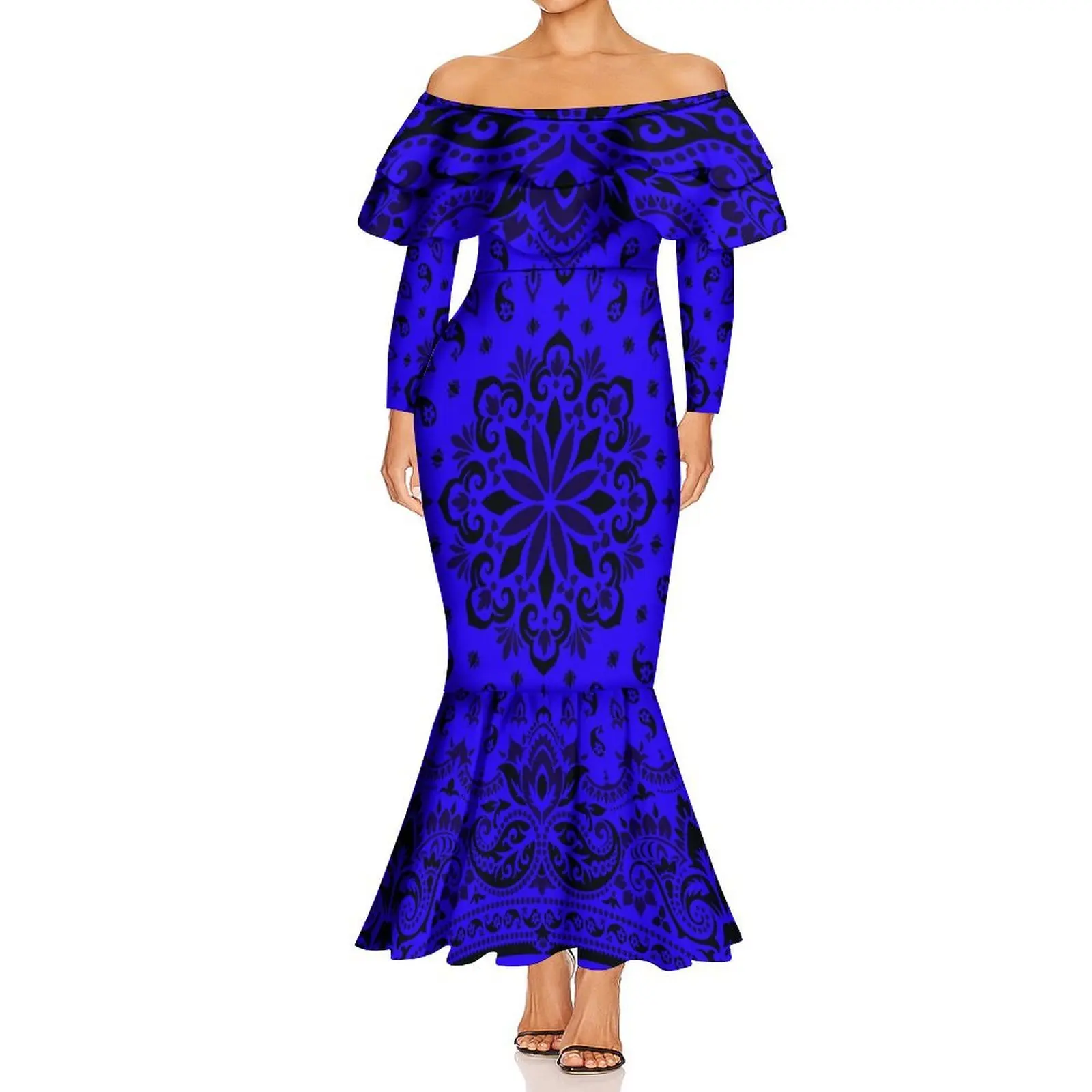 Verão bandana um pescoço de manga comprida dupla camada babados feminino emagrecimento fishtail vestido havaiano vestido personalizado padrão