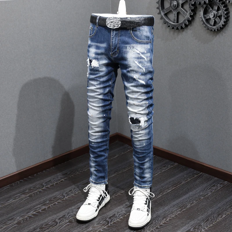 Street Fashion Men Jeans Retro Blue Elastic Stretch Slim Ripped Jeans Men Vintage Trousers Patched Designer Hip Hop Pants Hombre
