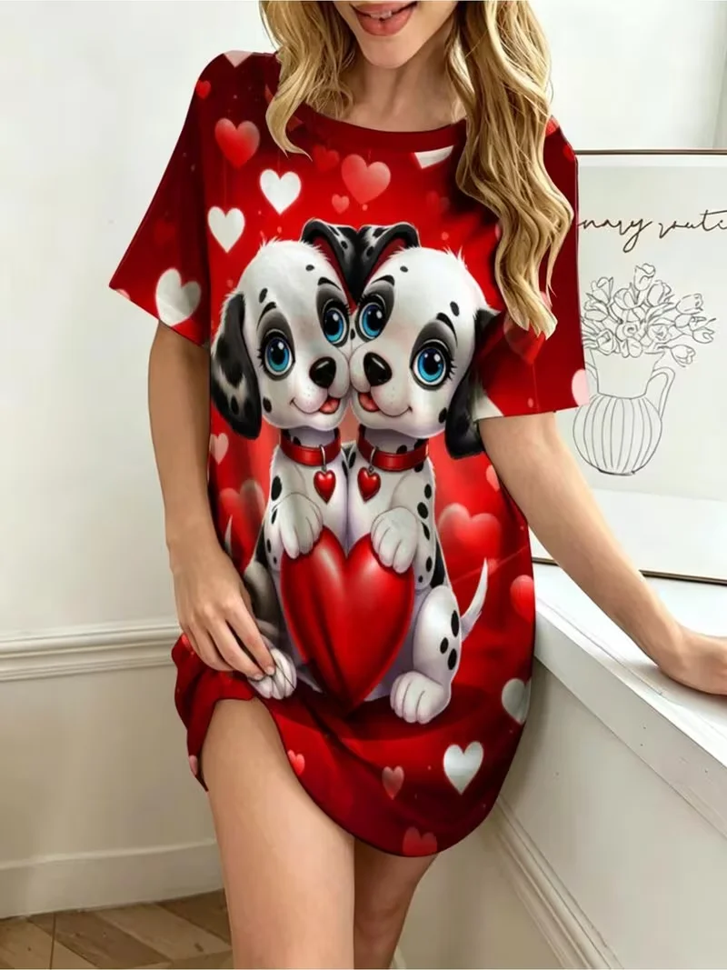 Plus Size Summer Women Dress Casual Fashion Funny Cute Animal Print Dress Summer New Short Sleeve Loose Mini Dress Streetwear