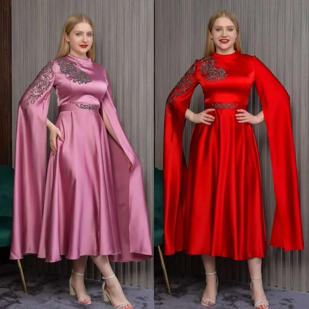 

Customized Satin Applique Sash Christmas A-line High Collar Bespoke Occasion Gown Long Dresses