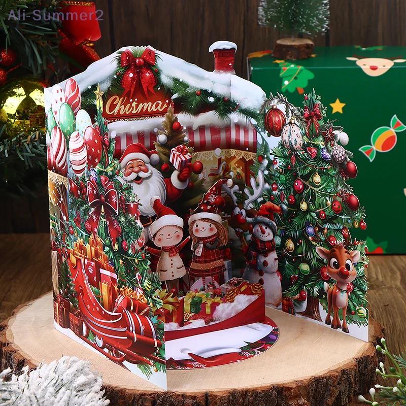 قطعة واحدة من بطاقة عيد الميلاد ثلاثية الأبعاد مع منزل شتوي ثلجي ومغلف بتصميم سانتا كلوز يتضمن تحية احتفالية لأصدقاء العائلة #4