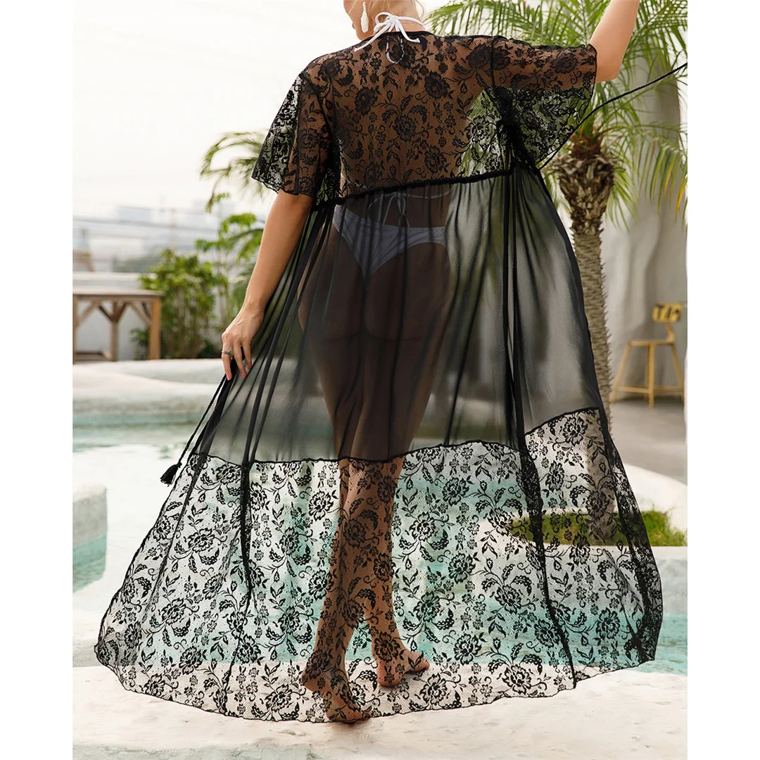 2026 Neues transparentes Netzstoff-Tunika mit Häkelspitze, Strand-Cover-up, langes Strandkleid, Strandmode, Damenbekleidung V3917 – Detail 14