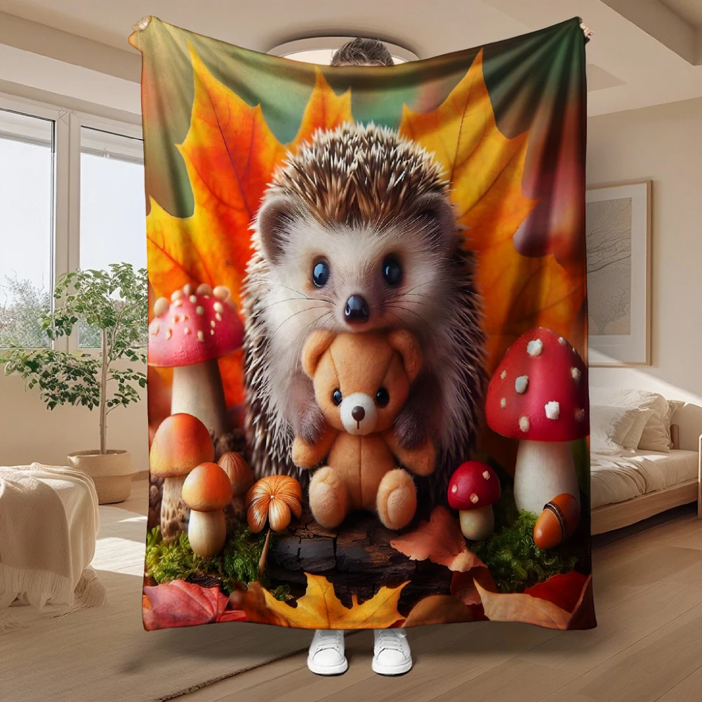 Cute Hedgehog with Teddy Bear, Autumn Gift, Soft Blanket, Mushroom And Leaf Design, Home Decor, Cozy Multi-Purpose Throw