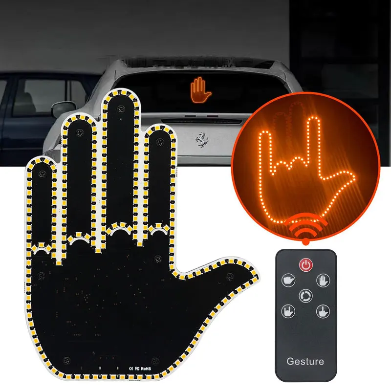 

Светодиодный забавный автомобильный палец с дистанционным управлением, авто янтарный предупредительный стоп-сигнал на средний палец, дорожные знаки, указатель жестов на средний палец