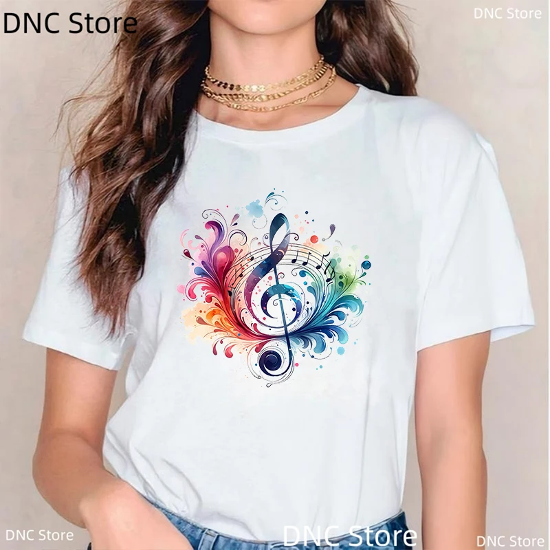 Women'S T-Shirt Flower Musical Note Printed Summer Short Sleeve T-Shirt Pink Floral Musical Note Graphic Fashion Tshirts Femme