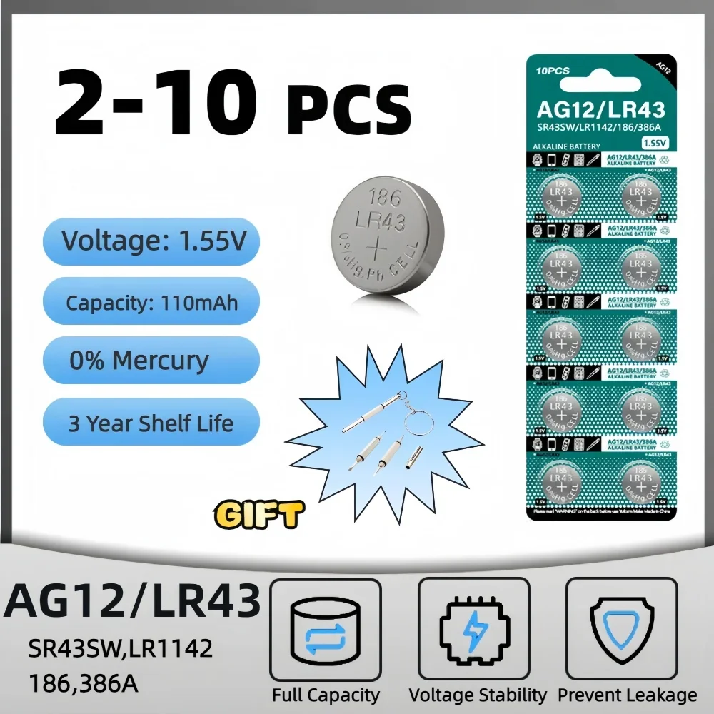 

2-10PCS 1.55V AG12 LR43 110mAh Lithium Button Cell SR43 386 LR1142 V12GA AG 12 SR43W SR1142 Coin Cell Watch Toys Remote Battery