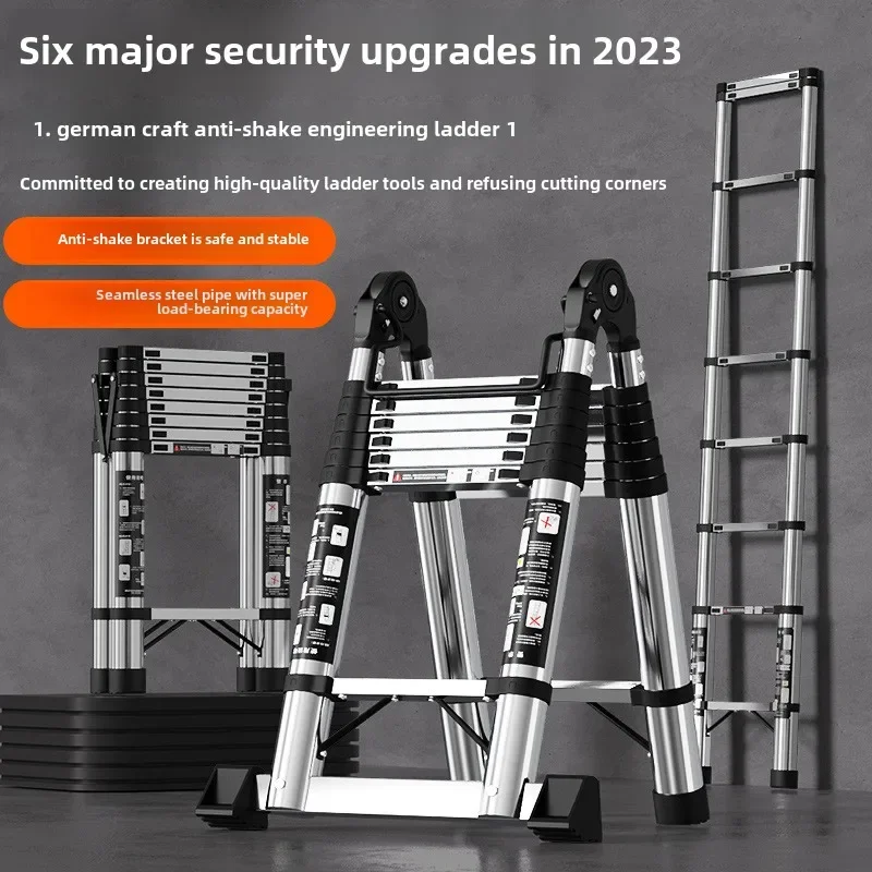 

Multi-role Stainless Steel Telescopic Ladder 2.3/2.7/3.1/3.4/4.2/5M Adjustable Portable Herringbone Step Ladder