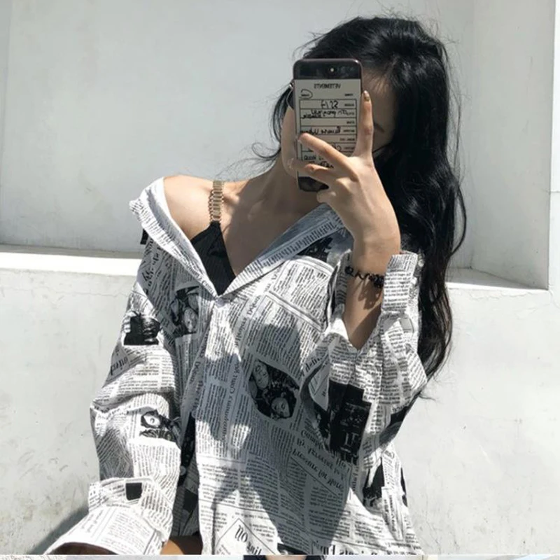 Gidyq Fashion Women Chiffon Shirts Korean Casual Newspaper Print Female Loose Tops Bf Streetwear All Match Shirts