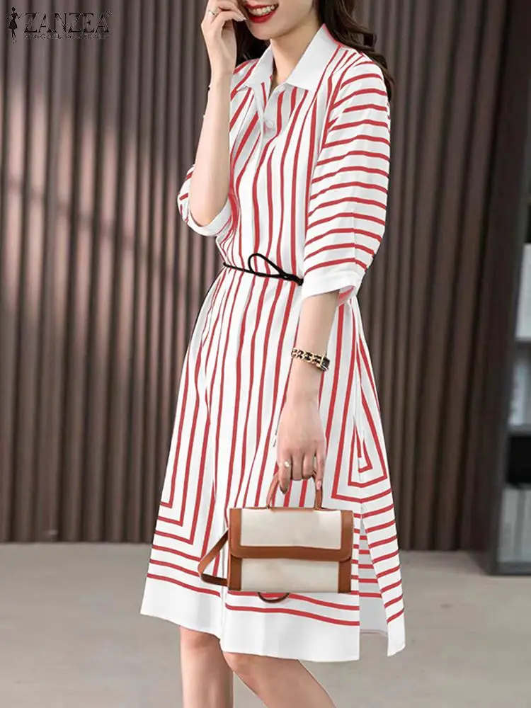 Zanzea Vrouwen Revers Kraag Gestreepte Midi Shirt Jurk Koreaanse Halve Mouw Gewaad Casual Kantoor Lange Jurk Elegante Werk Vestidos