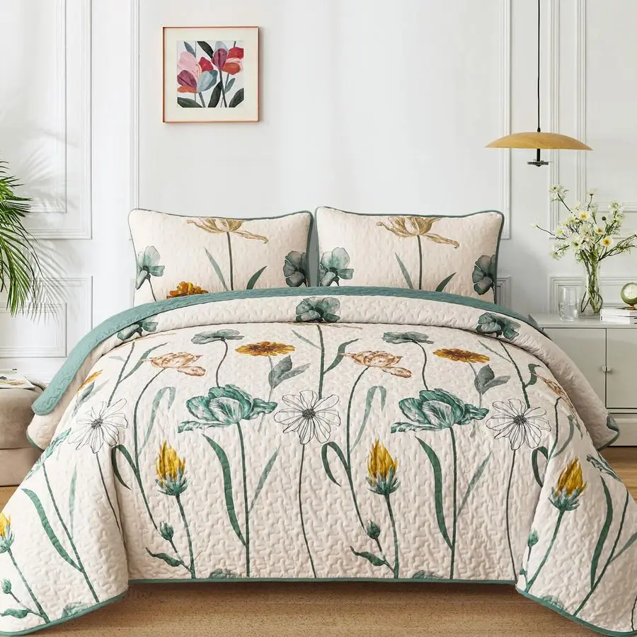 

Queen Green Yellow Floral Quilted Coverlet Set Lightweight Farmhouse Bedspread with 2 Pillowcases 90"x90"