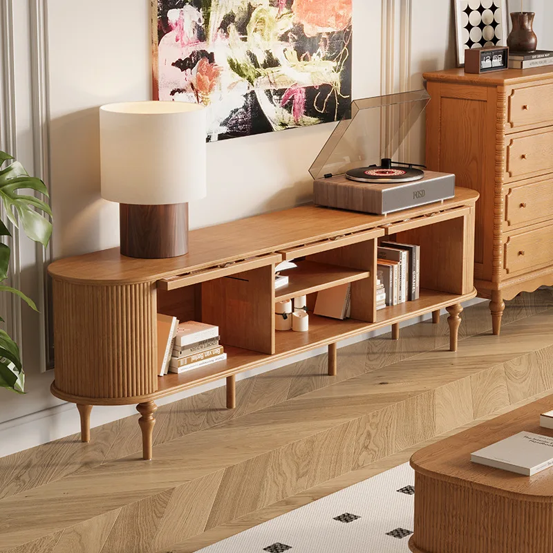 Cream wind all solid wood TV cabinet French TV cabinet coffee table combination living room household floor cabinet log TV cabin