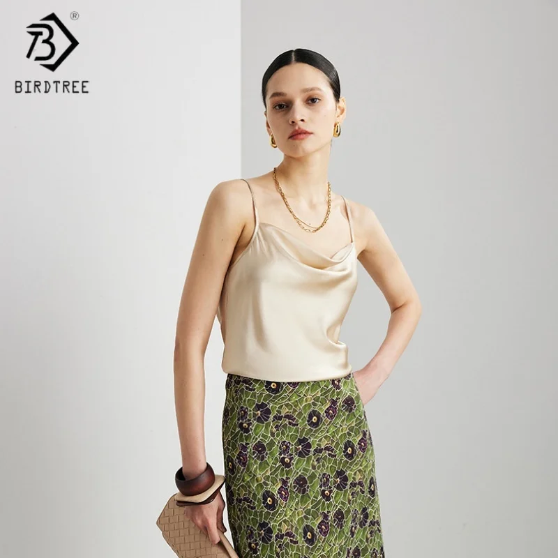

Birdtree, однотонная майка из 90% шелка, 10% спандекса, женские атласные топы на бретельках Sangbo, топы для поездок на работу, новый жилет 2025 T5D808JF