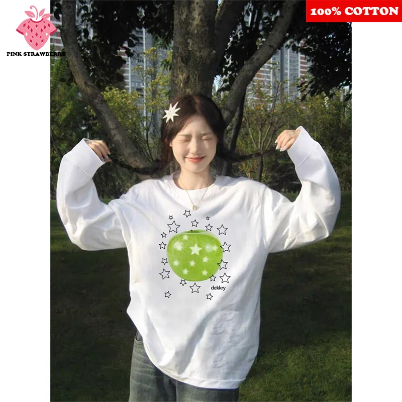 

ins Green Apple Print White T-shirt Women Autumn 2025 New 100% Cotton Korean Casual long sleeves T-shirt Top Y2k Female clothing