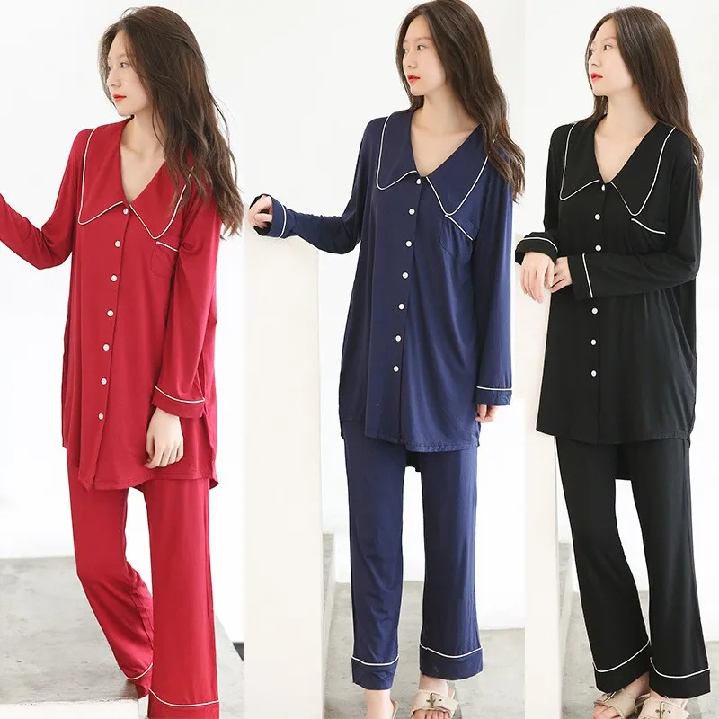 Spring New 100% Soft Modal Long-sleeved Trousers Ladies Pajamas Suit Plus 110Kg Long Sleepwear Women's Home Clothes Nightwear