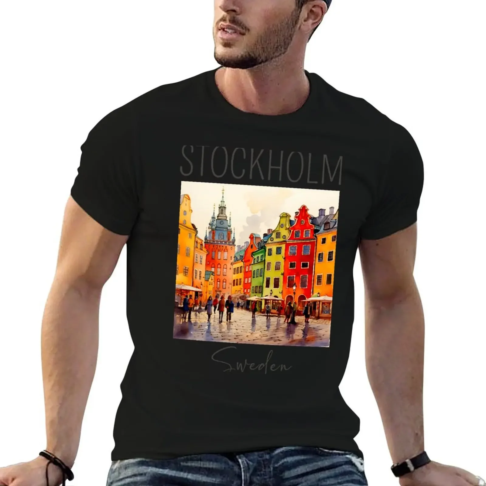 A Watercolor Design of Stockholm - Sweden T-Shirt summer shirt graphics mens tall t shirts