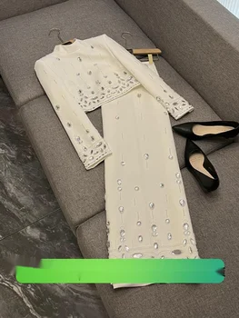 Abito autunno inverno abiti bianco due pezzi gonna donna set perline diamanti giacca cappotto Midi guaina lunga gonne vestito di alta qualità