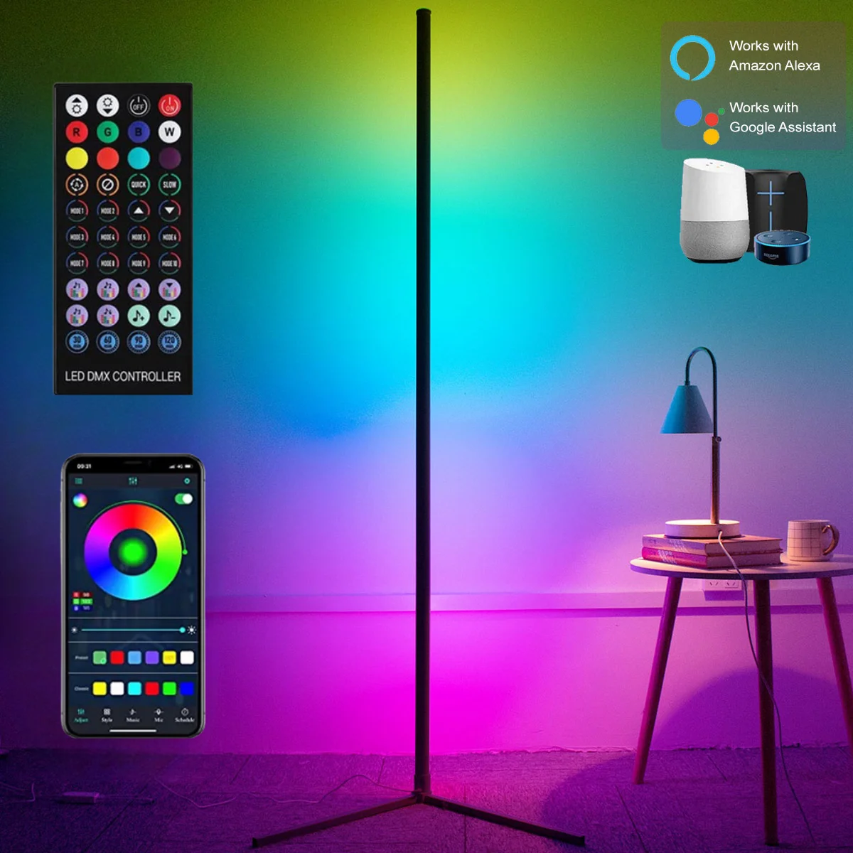 160cm Ściemnialna Inteligentna Narożna Lampa Podłogowa Bluetooth RGB LED Nastrojowe Oświetlenie Alexa Lampa Stojąca do Sypialni Gaming Salon Wystrój