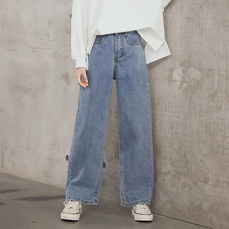 Girl Cotton Blue Loose Wide-leg Jeans Children Spring Autumn Casual Trousers Baby Girls Fashion All-match Wide-leg Straight Jean