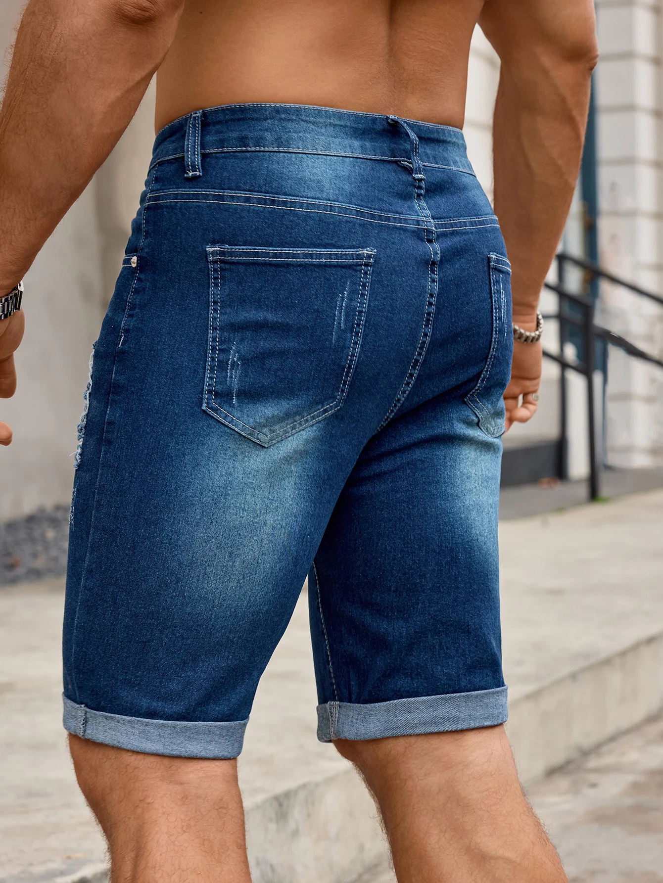 Men Denim Trousers Jeans Shorts Pants, Ripped Hole Rolled Hem Mid Waist Stretch Slim Fit Streetwear Casual Pants view 2