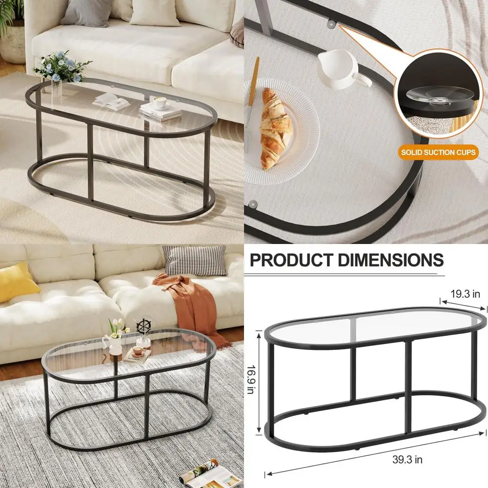 

Modern Oval Tempered Glass Coffee Table with Sturdy Metal Frame for Living Room and Home Office
