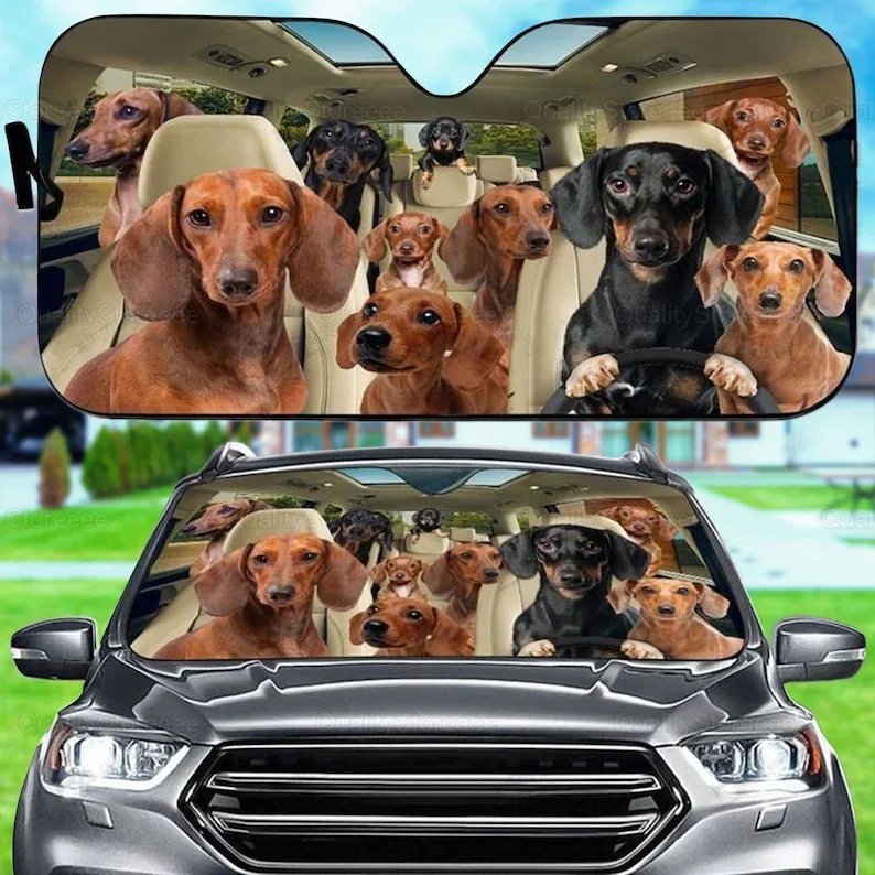 Funny Dachshunds Car Sunshade, Dogs Family Sunshade, Dog Car Accessories, Car Decoration, Dachshunds Lover, Gift Owner Dog LNG18