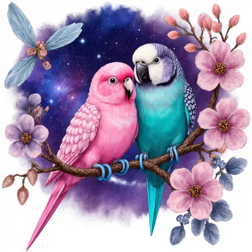 

Waterproof Vinyl - Pink & Turquoise Parrots on Branch with Galaxy Starry Night Stickers, Art Wall for Home, Cabinet, Door