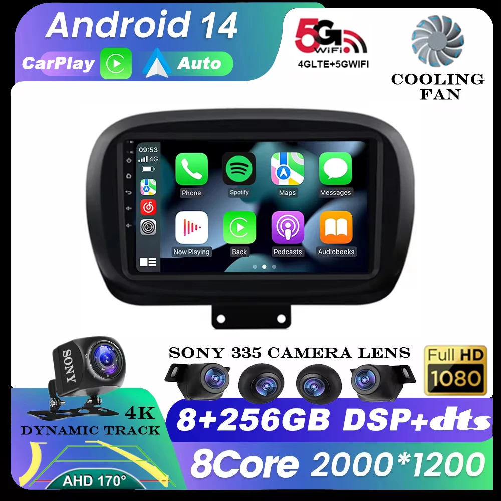 Android 14 Car Radio For Fiat 500X 2014 2015 - 2020 Carplay Auto GPS Multimedia DSP WIFI+4G 360 Camera Stereo 2 Din Video Player