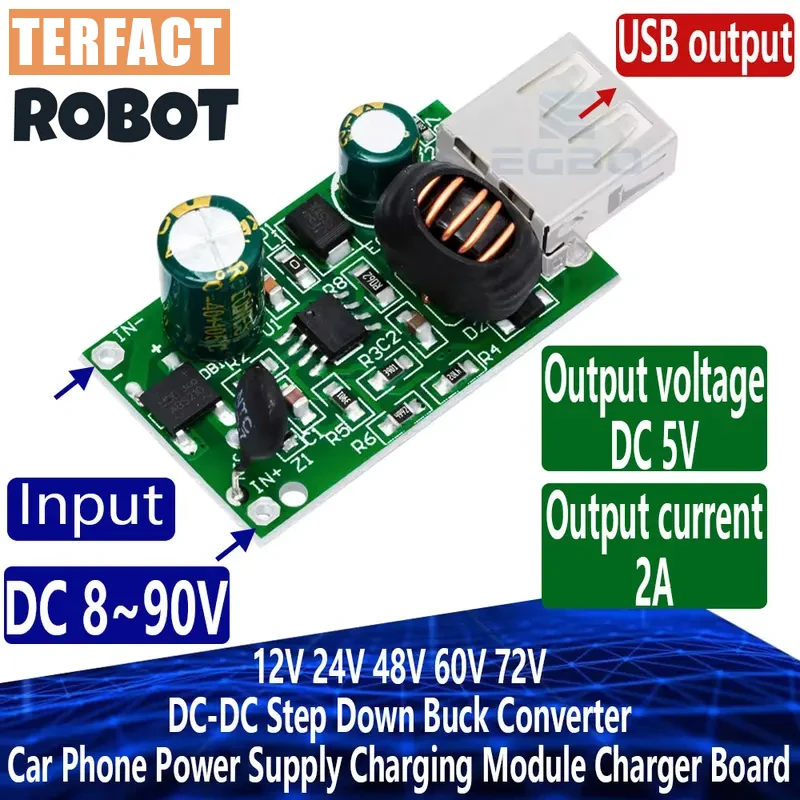 1~10PCS 12V 24V 48V 60V 72V DC-DC Step Down Buck Converter 5V 2A USB Output Car Phone Power Supply Charging Module Charger Board