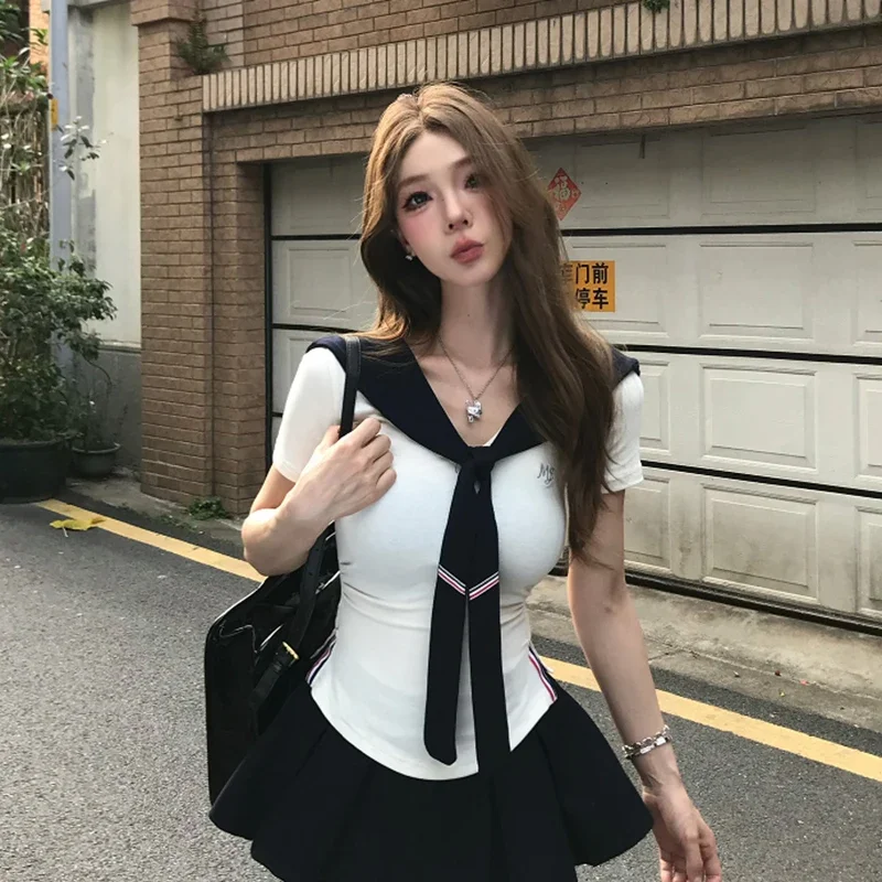 Preppy Stijl Vrouwen T-shirt Zomer Koreaanse Slim Fit Splicing Korte Mouw Top Fashion Harajuku Japanse Sjaal Tees Vrouwelijke Nieuwe