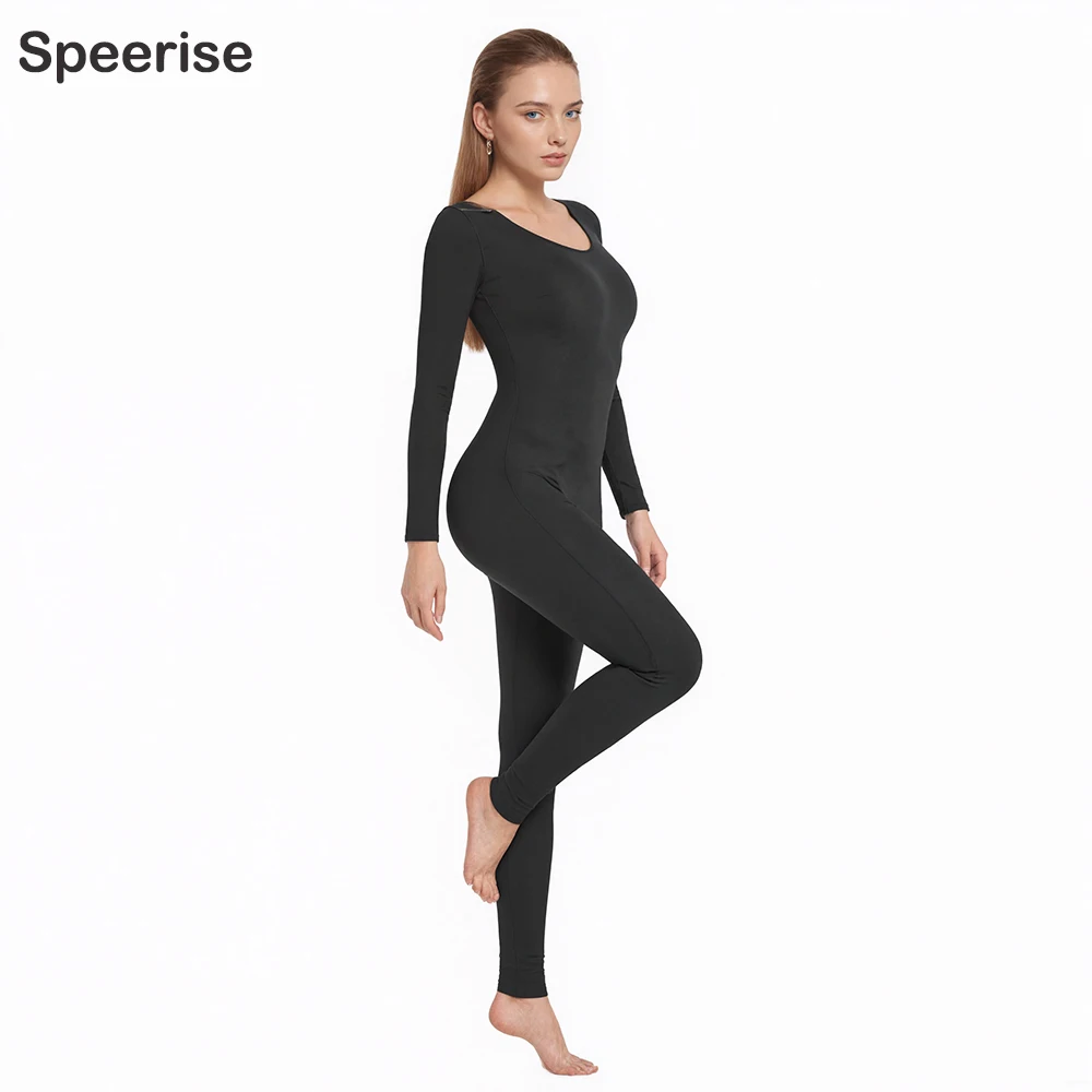 

Speerise Women Long Sleeve Spandex One Piece Dance Unitard Scoop Neck Spandex Gymnastic Full Body Footless Ballet Stage Costumes