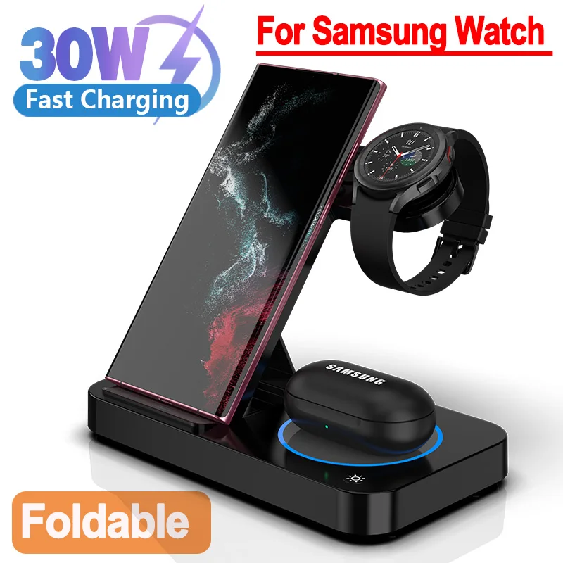 30W 4 In 1 Wireless Charger For iPhone Samsung S20 S21 Samsung Galaxy Watch 8 7 6 Active 3/4 Foldable Fast Charging Dock Station