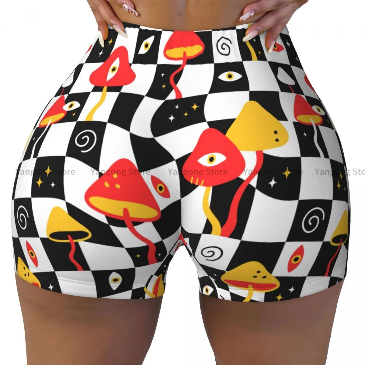 

Yoga Shorts Trippy Mushrooms With Eyes On Melt Geometry Women Biker Tight Elastic Workout Sports Leggings Sportswear