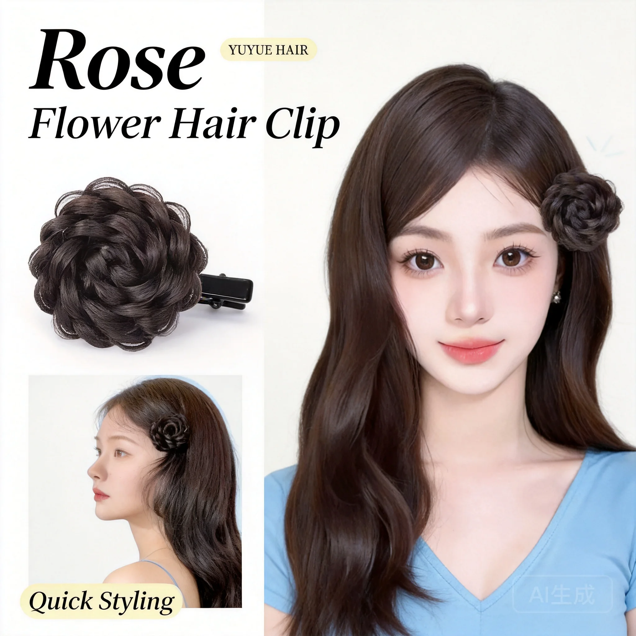 中国風の吉祥のバラの形をした合成ヘアクリップ、ふわふわのナチュラルウィッグヘアバン、女性用サイドクリップ、デイリーパーティーコスプレヘアアクセサリー