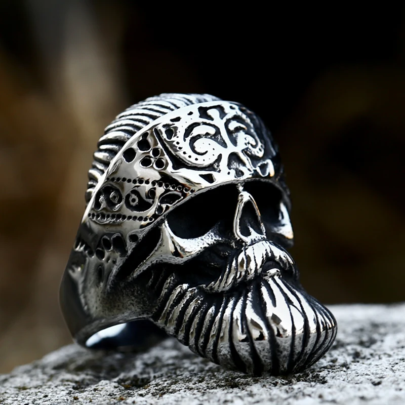 Beier 2022 New Fashion 316L Stainless Steel Cool Locomotive Old Men Skull Men's Ring Punk Rock Bearded High Quality Jewelry