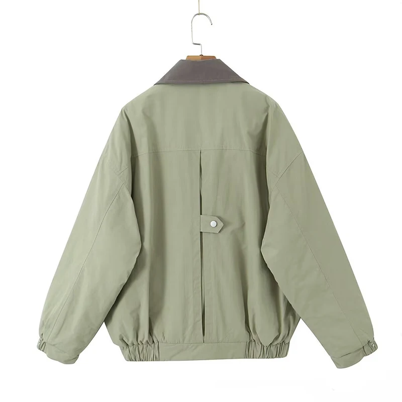 Winter Casual Loose Bean Green Down Parka Lapel Zipper Cotton Padded Jacket Women's Loose Big Poacket Zipper Outerwear Coat