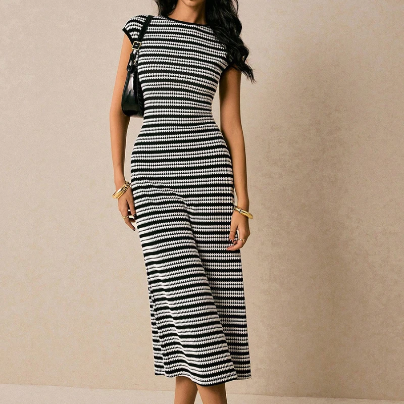 Casual Striped O Neck Long Dress Summer Street Style Short Sleeve Straight Dresses Women 2026 Home Slim Knit Mid Calf Dress