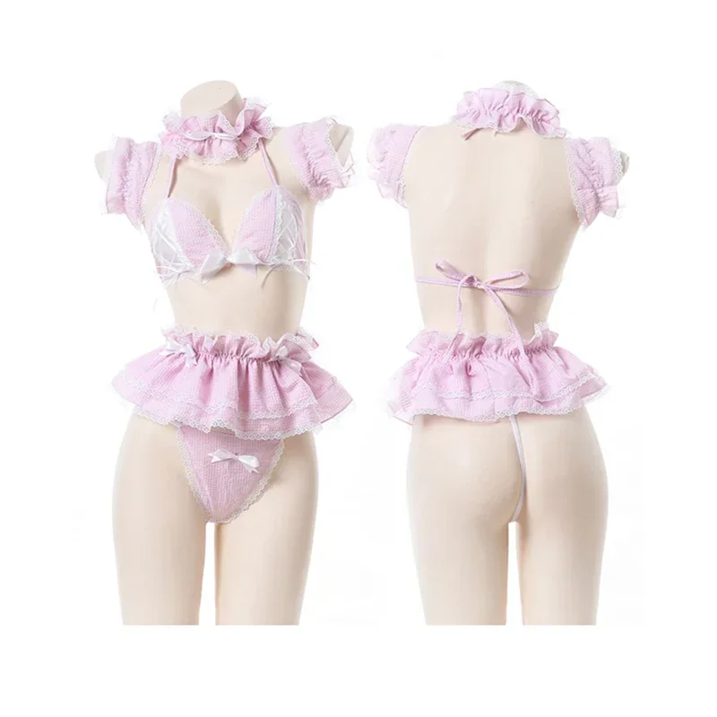 

Kawaii Girls Candy Sweetheart Cosplay Maid Strapless Lace Plaid Underwear Set Anime Sexy Camisoles & Skirt Lingerie Set