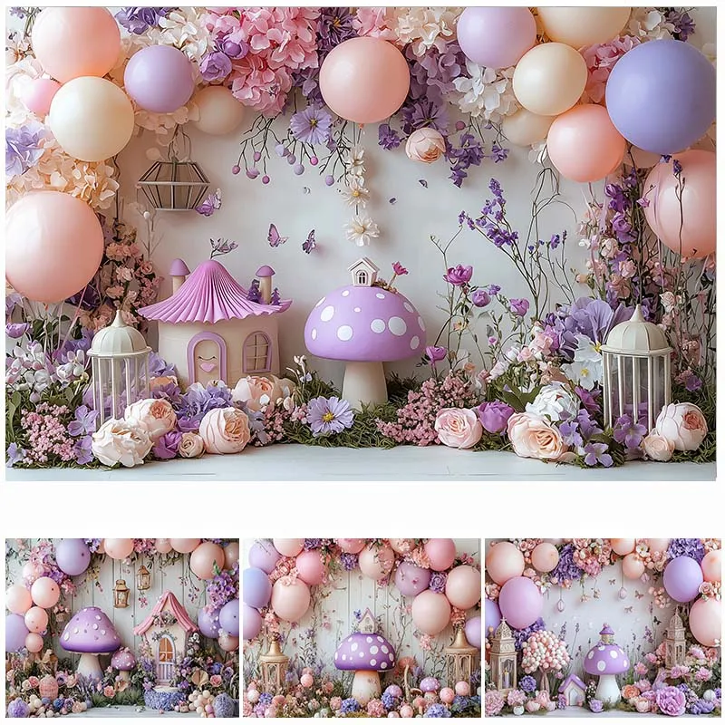 

LS Photography Background Butterfly Floral Mushroom Girls Birthday Party Cake Smash Portrait Decor Backdrop Photo Studio