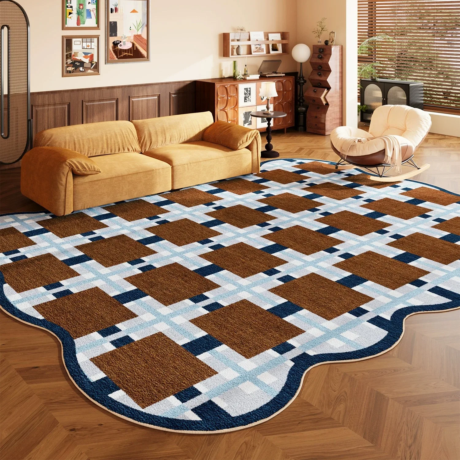 Checkerboard Plaid Rug for Living Room Carpet Wavy-edged Faux Cashmere Floor Mat Bedroom Mats Machine Washable Non-slip Rugs 러그