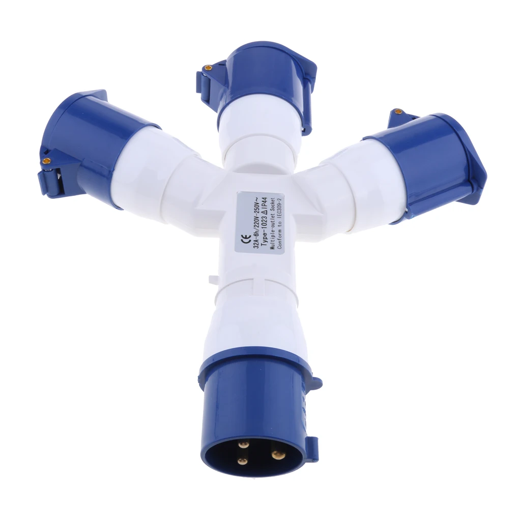Blue Industrial Plug Socket Adapter Waterproof 3 Way Splitter Electric Connector for Power Tools