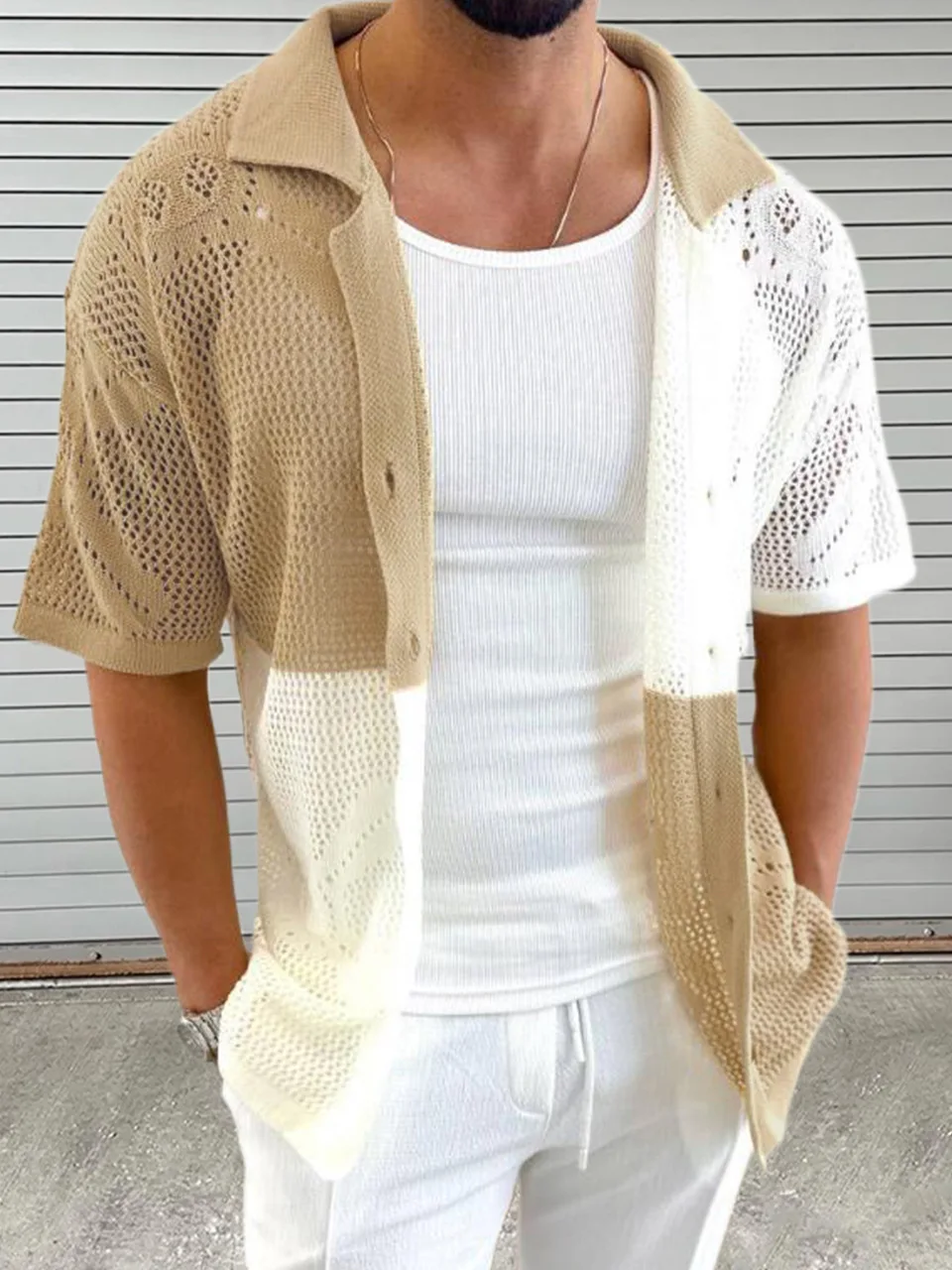 

Color Blocked Hollow Out Knitting Shirts For Men Summer Thin Short Sleeve Button Cardigan Sweater Fashion Casual Loose Knitwear