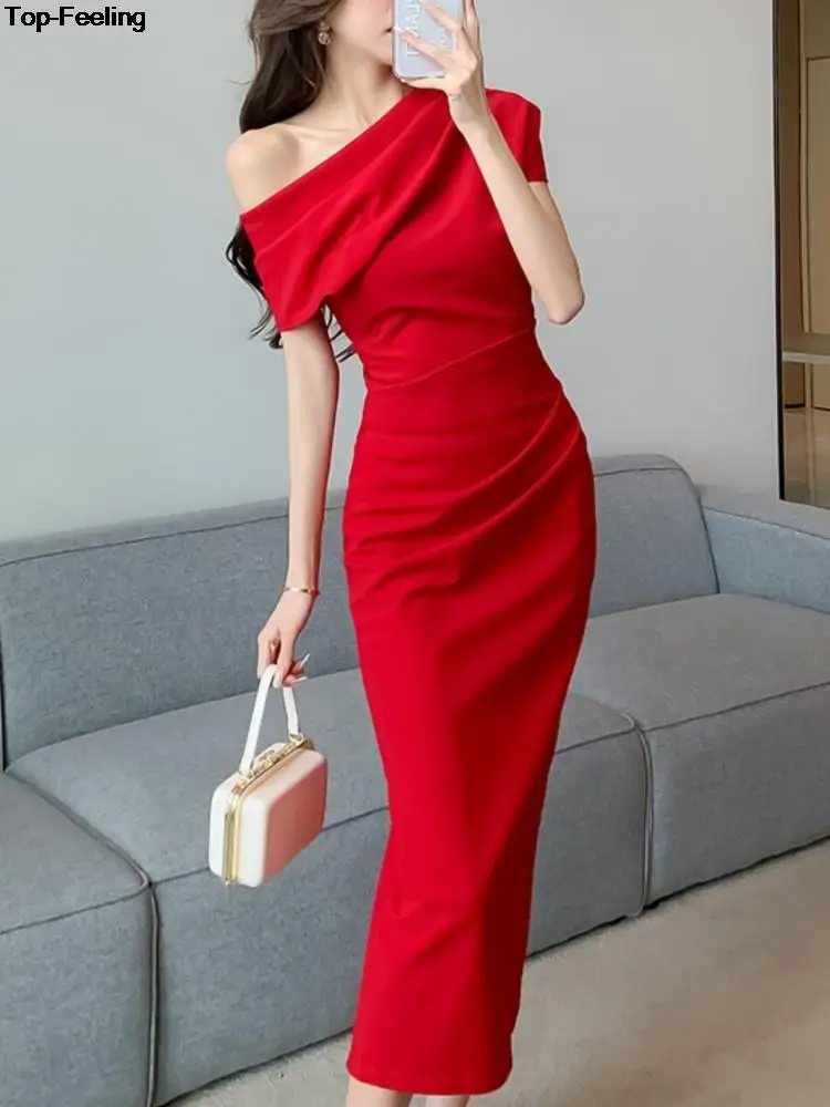 

Elegant Off Shoulder Evening Party Dresses Women Summer Fashion Slim One Piece Solid Vestidos Korean Graduation Robe Clothing