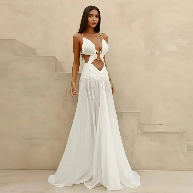 

New Sexy Hollow Out Party Dress Sleeveless Backless Mesh Maxi Female Evening Dresses Spring Summer Club Beach Slip Lady Robe Hot