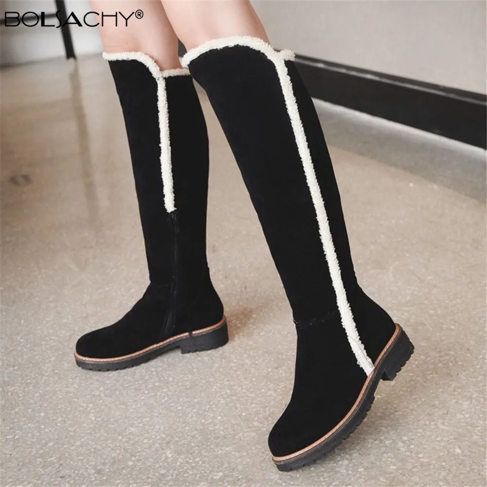 Winter Women Knee-High Boots Warm Plush Lining Snow Boots Faux Fur Trim Flock Zip Thicken Shoes Long Boots Black Brown Beige2024