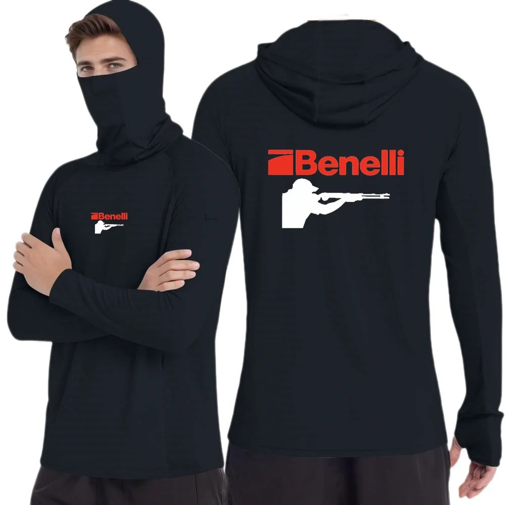 Hunting BENELLI Gun Firearms Tshirt Mens Long Sleeve Hoodie UPF50+ Performance Sun Shirts Hiking Fishing Sunscreen Ice Silk Tops