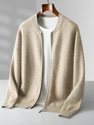 New Men Autumn Winter Thick Zipper Cardigan Stand Collar Cashmere Sweater 100% Merino Wool Knitted Soft Warm Casual Coat Tops